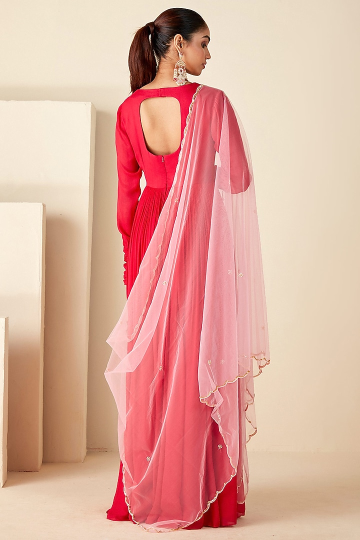 Red Georgette Crepe & Net Zardosi Embroidered Pleated Party Wear Anarkali Set by Suruchi Parakh at Pernia's Pop Up Shop