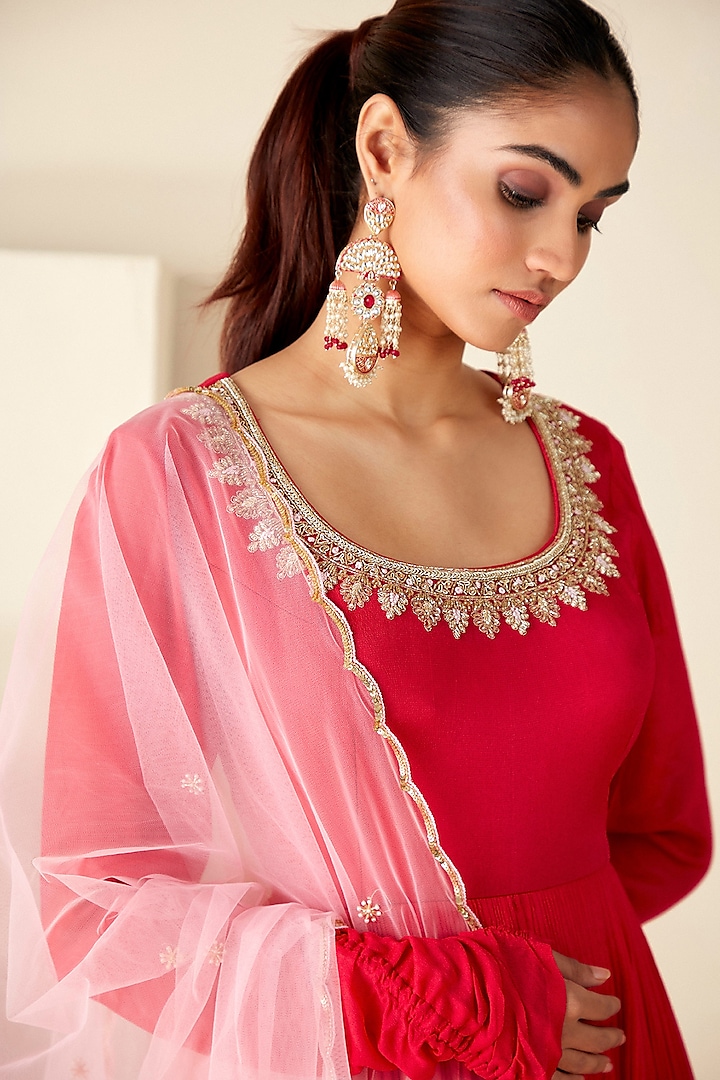 Red Georgette Crepe & Net Zardosi Embroidered Pleated Party Wear Anarkali Set by Suruchi Parakh at Pernia's Pop Up Shop