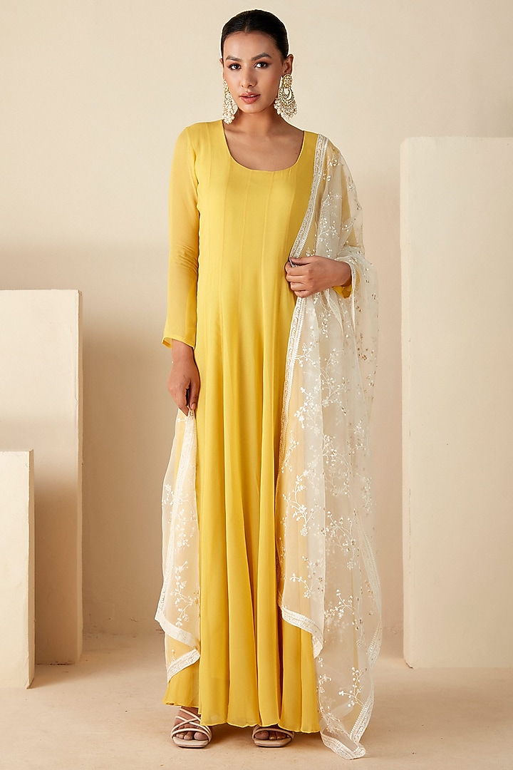 Yellow Georgette Crepe & Organza Party Wear Anarkali Set by Suruchi Parakh at Pernia's Pop Up Shop