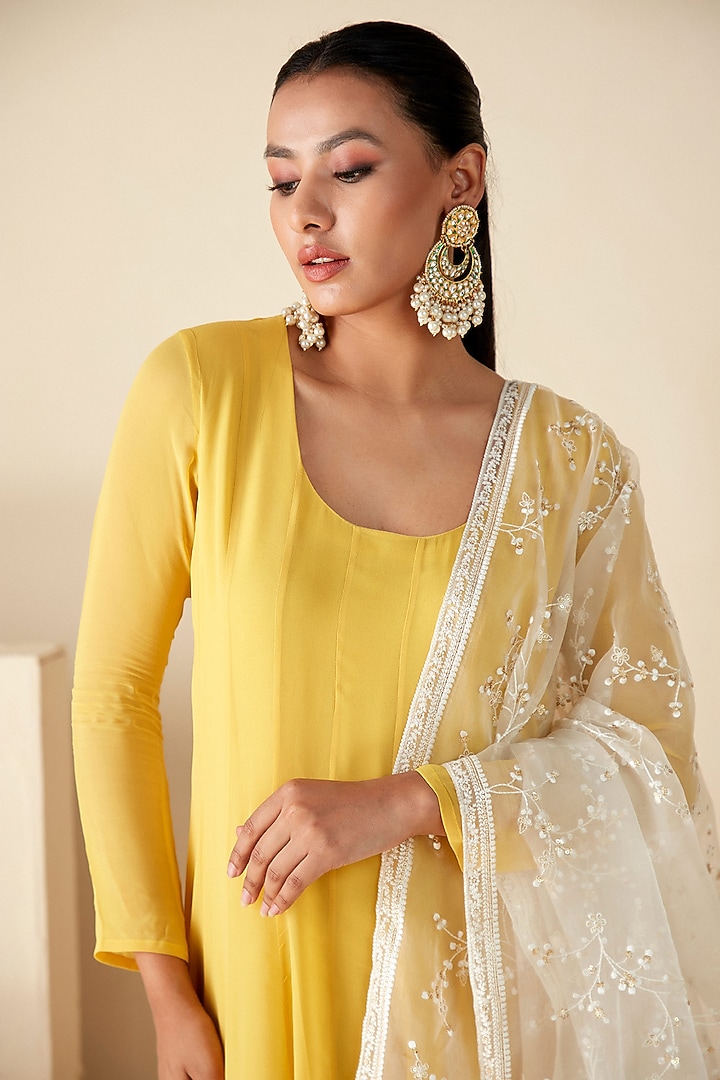 Yellow Georgette Crepe & Organza Party Wear Anarkali Set by Suruchi Parakh at Pernia's Pop Up Shop