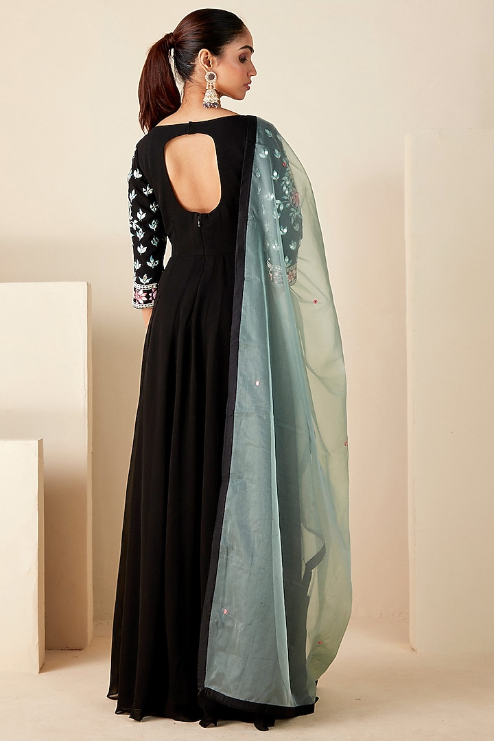 Black Georgette & Organza Mirror Embroidered Wedding Anarkali Set by Suruchi Parakh at Pernia's Pop Up Shop