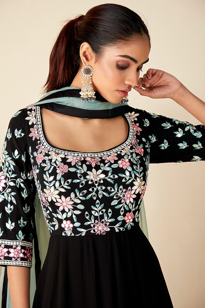 Black Georgette & Organza Mirror Embroidered Wedding Anarkali Set by Suruchi Parakh at Pernia's Pop Up Shop