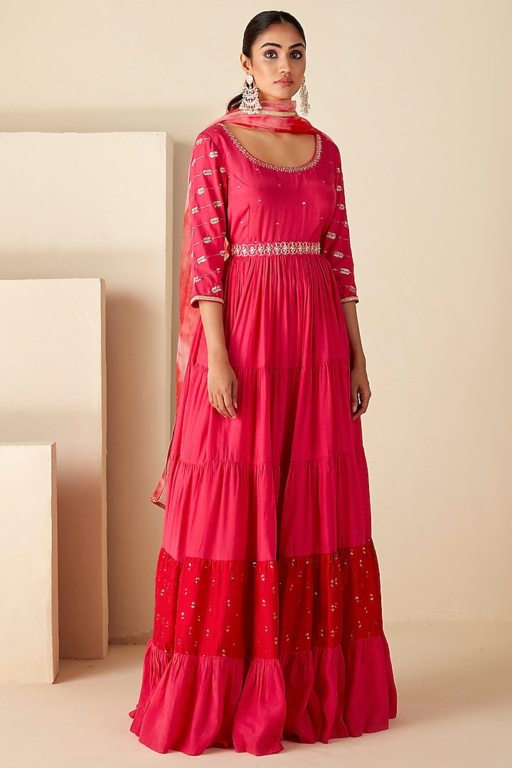 Pink & Red Crepe Silk Embroidered Flared Wedding Anarkali Set by Suruchi Parakh at Pernia's Pop Up Shop