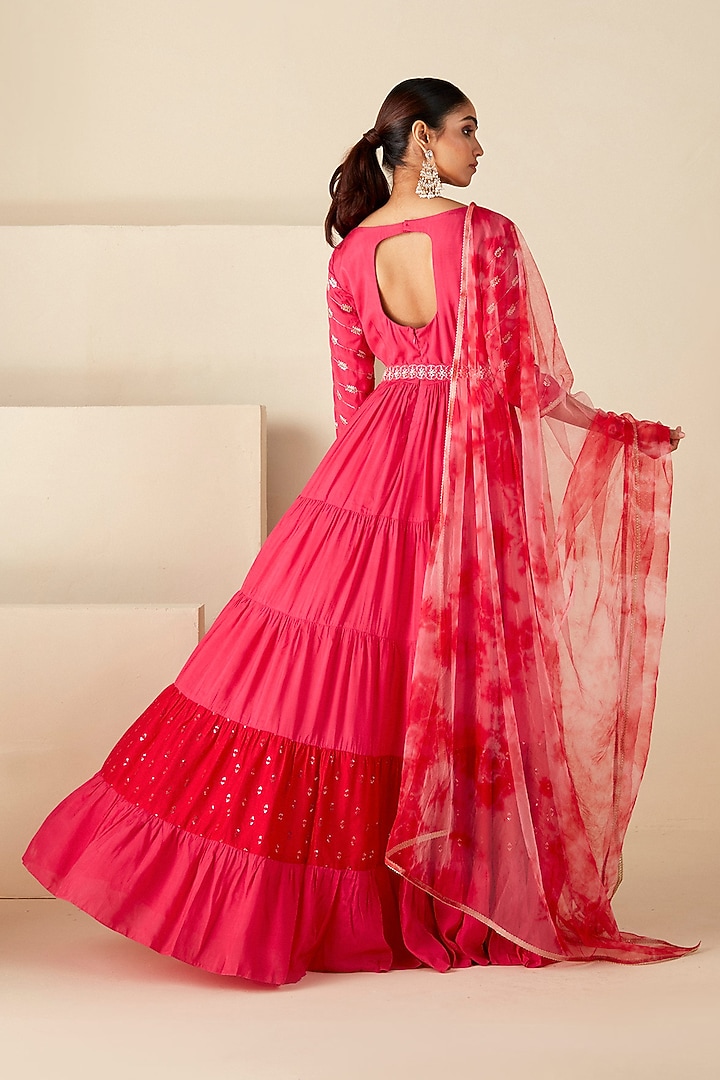 Pink & Red Crepe Silk Embroidered Flared Wedding Anarkali Set by Suruchi Parakh at Pernia's Pop Up Shop