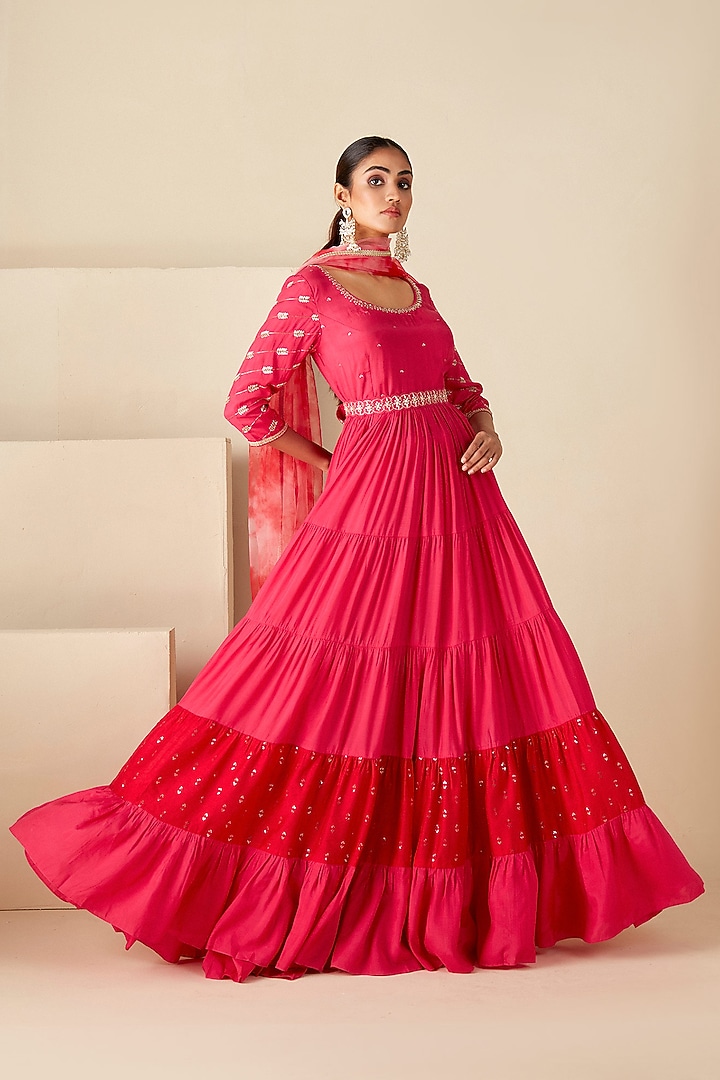 Pink & Red Crepe Silk Embroidered Flared Wedding Anarkali Set by Suruchi Parakh at Pernia's Pop Up Shop