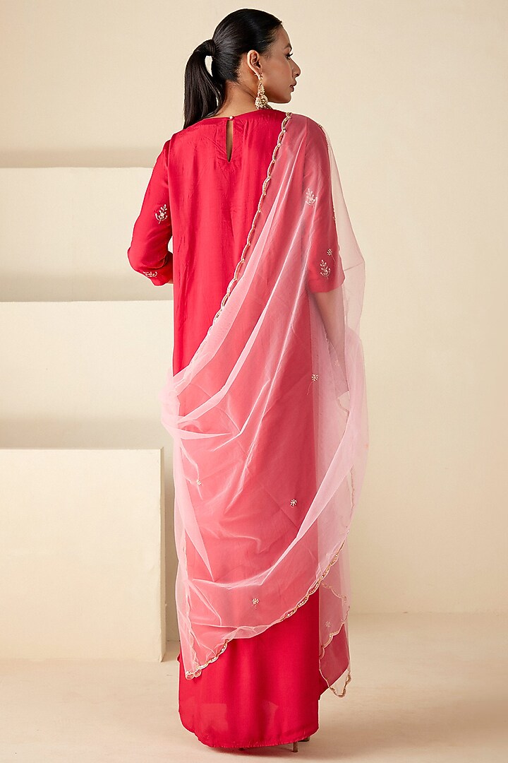 Red Crepe Silk Hand Embroidered A-Line Kurta Set by Suruchi Parakh at Pernia's Pop Up Shop