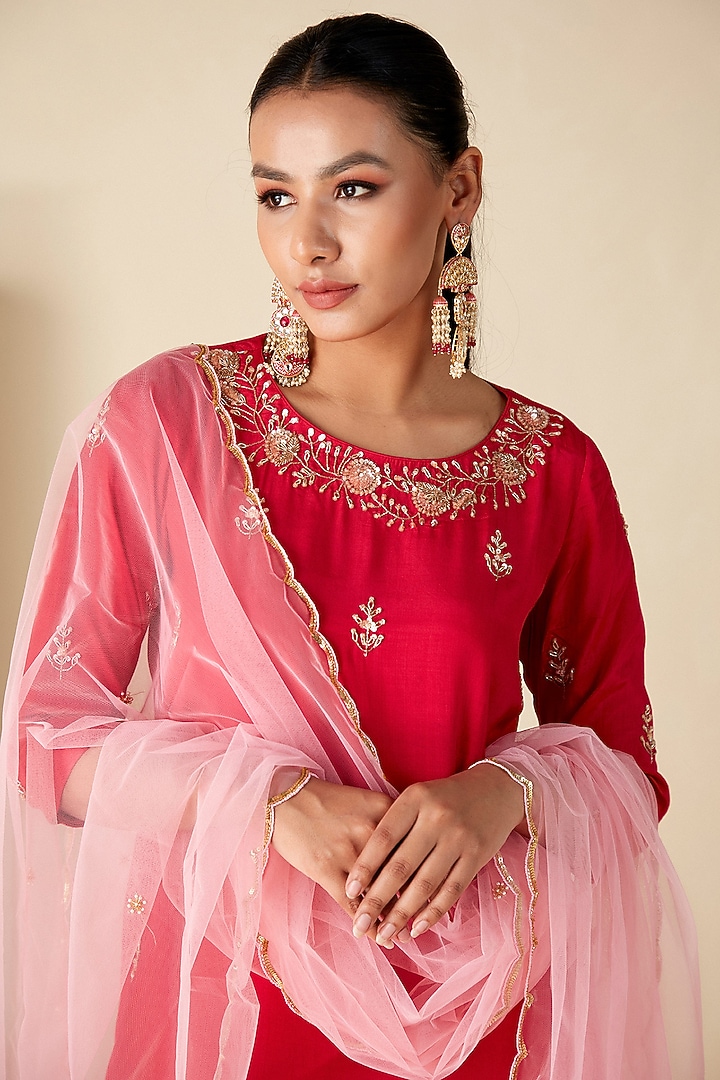Red Crepe Silk Hand Embroidered A-Line Kurta Set by Suruchi Parakh at Pernia's Pop Up Shop