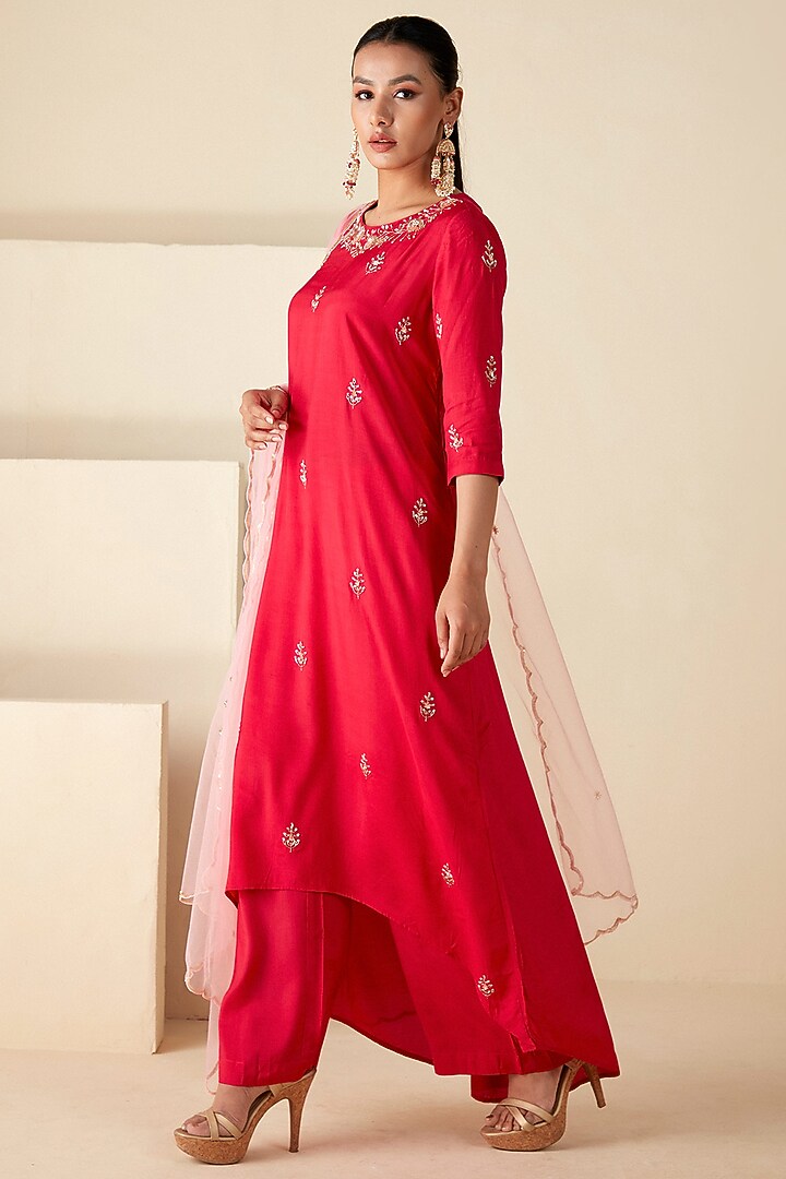 Red Crepe Silk Hand Embroidered A-Line Kurta Set by Suruchi Parakh at Pernia's Pop Up Shop