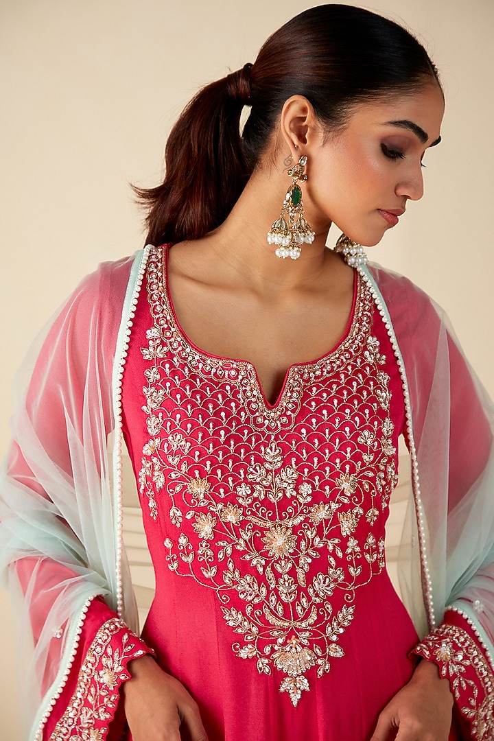 Pink Georgette Crepe Embroidered Handcrafted Party Wear Anarkali Set by Suruchi Parakh at Pernia's Pop Up Shop