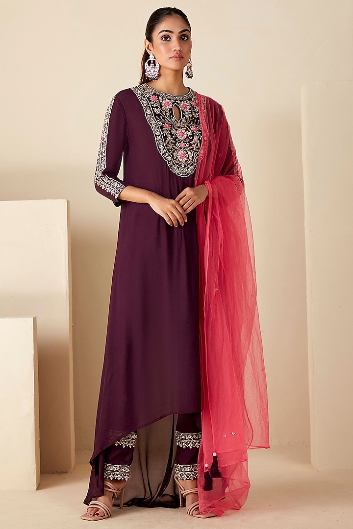 Wine Georgette Crepe Embroidered A-Line Kurta Set by Suruchi Parakh at Pernia's Pop Up Shop