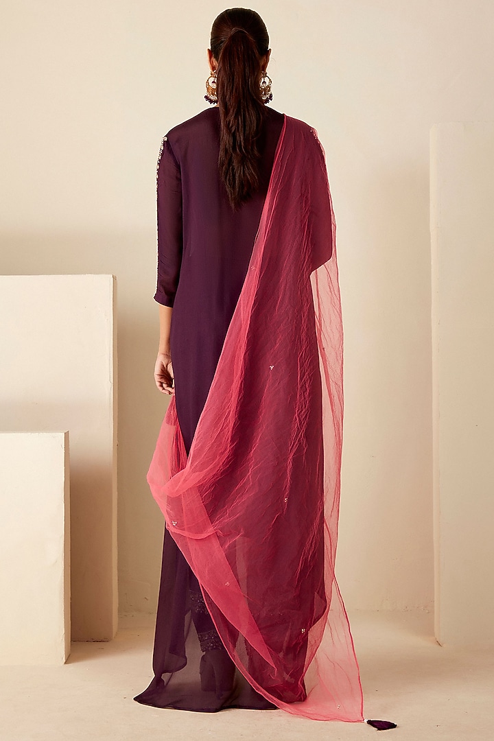 Wine Georgette Crepe Embroidered A-Line Kurta Set by Suruchi Parakh at Pernia's Pop Up Shop