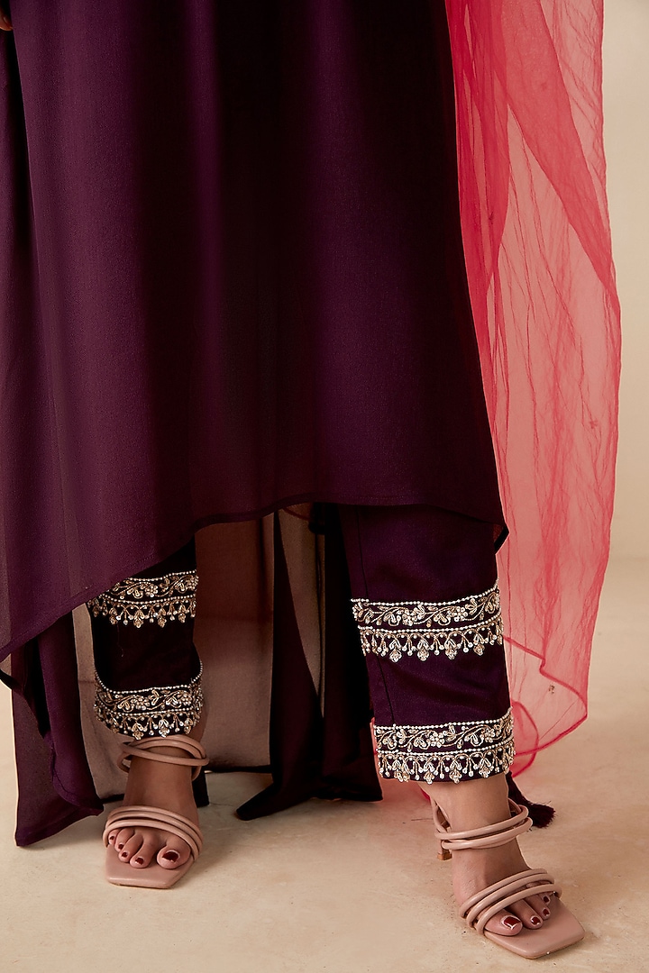 Wine Georgette Crepe Embroidered A-Line Kurta Set by Suruchi Parakh at Pernia's Pop Up Shop