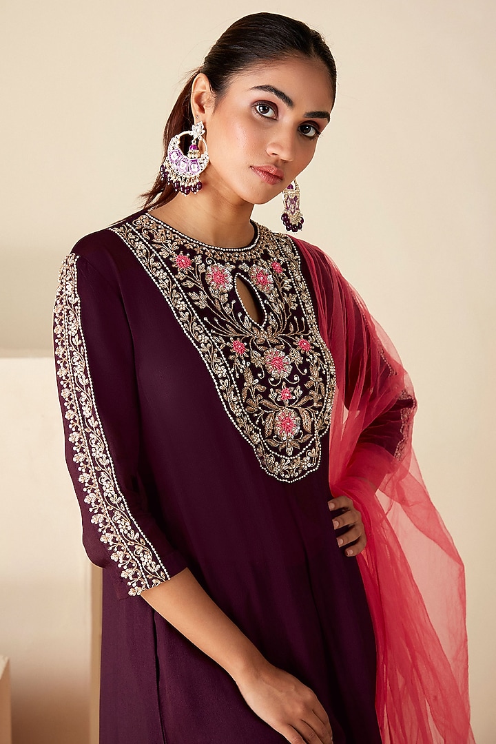 Wine Georgette Crepe Embroidered A-Line Kurta Set by Suruchi Parakh at Pernia's Pop Up Shop