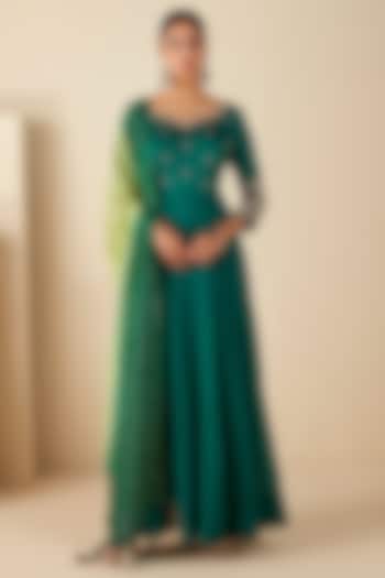 Green Georgette Crepe Zardosi Embroidered Party Wear Anarkali Set by Suruchi Parakh at Pernia's Pop Up Shop