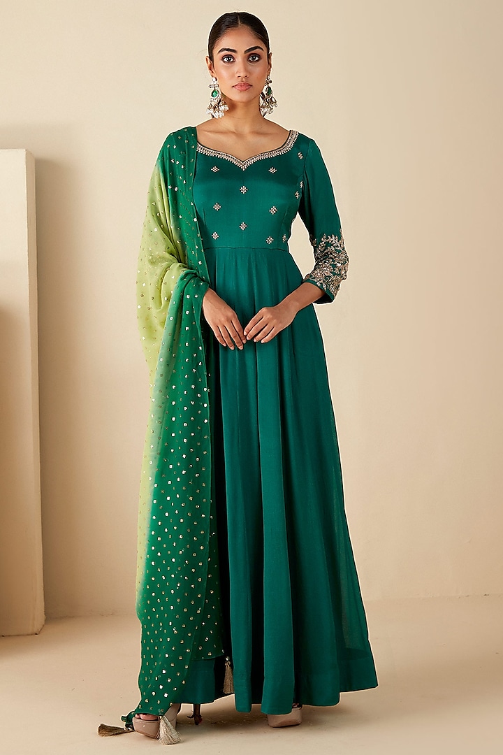 Green Georgette Crepe Zardosi Embroidered Party Wear Anarkali Set by Suruchi Parakh at Pernia's Pop Up Shop