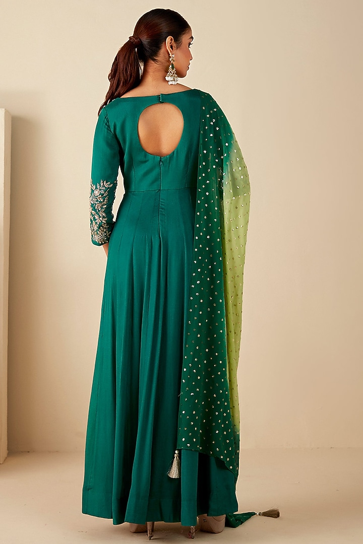 Green Georgette Crepe Zardosi Embroidered Party Wear Anarkali Set by Suruchi Parakh at Pernia's Pop Up Shop