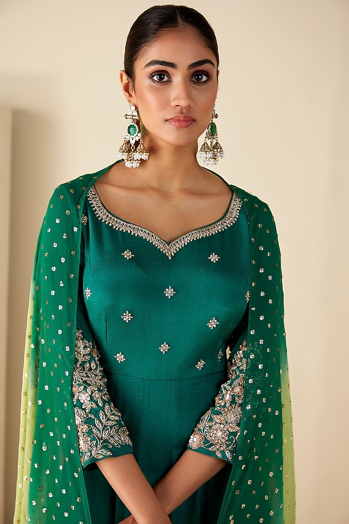 Green Georgette Crepe Zardosi Embroidered Party Wear Anarkali Set by Suruchi Parakh at Pernia's Pop Up Shop