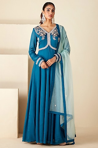 Teal Blue Georgette Crepe & Net Hand Embroidered Anarkali Set by Suruchi Parakh