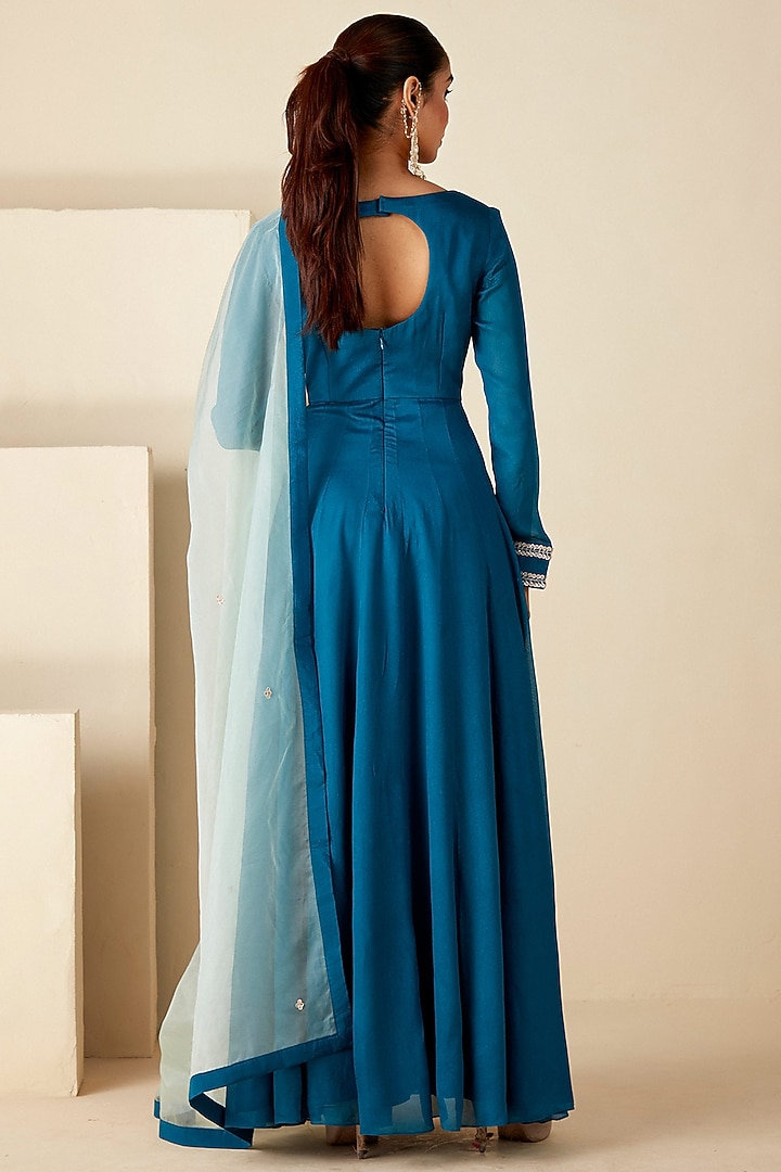 Teal Blue Georgette Crepe & Net Hand Embroidered Party Wear Anarkali Set by Suruchi Parakh at Pernia's Pop Up Shop