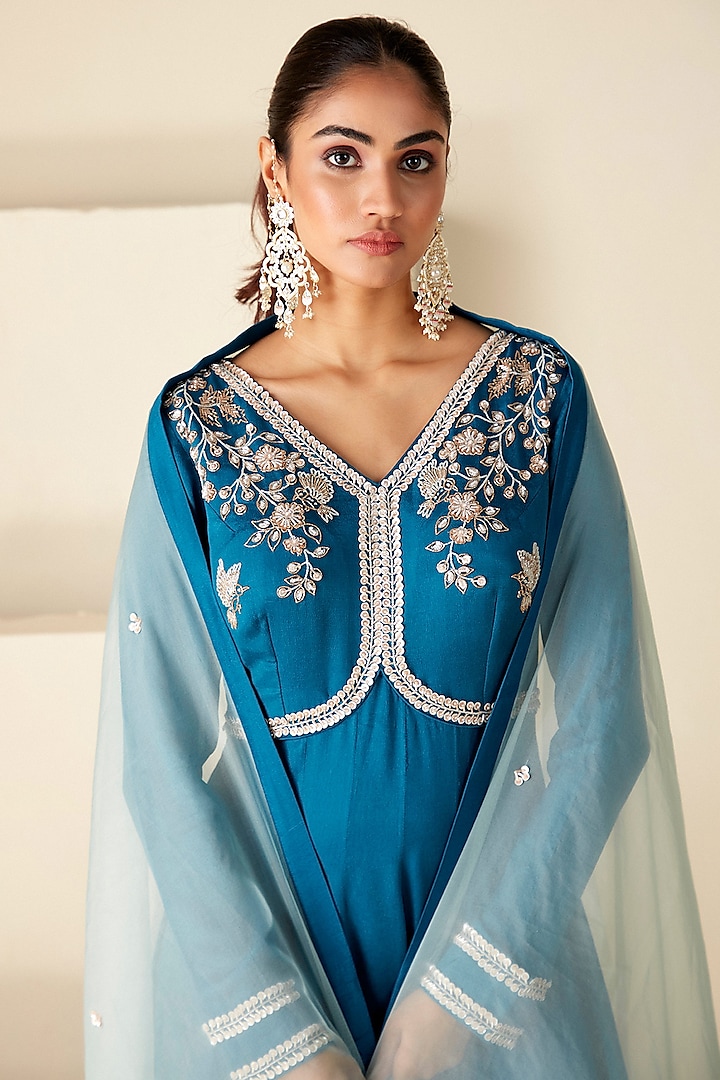 Teal Blue Georgette Crepe & Net Hand Embroidered Party Wear Anarkali Set by Suruchi Parakh at Pernia's Pop Up Shop