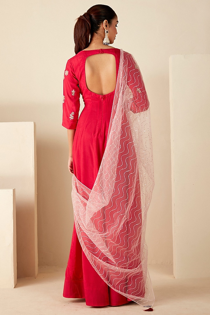 Red & Pink Crepe Silk Motif Hand Embroidered Wedding Anarkali Set by Suruchi Parakh at Pernia's Pop Up Shop