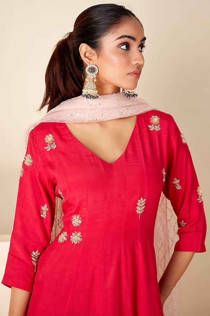 Red & Pink Crepe Silk Motif Hand Embroidered Wedding Anarkali Set by Suruchi Parakh at Pernia's Pop Up Shop
