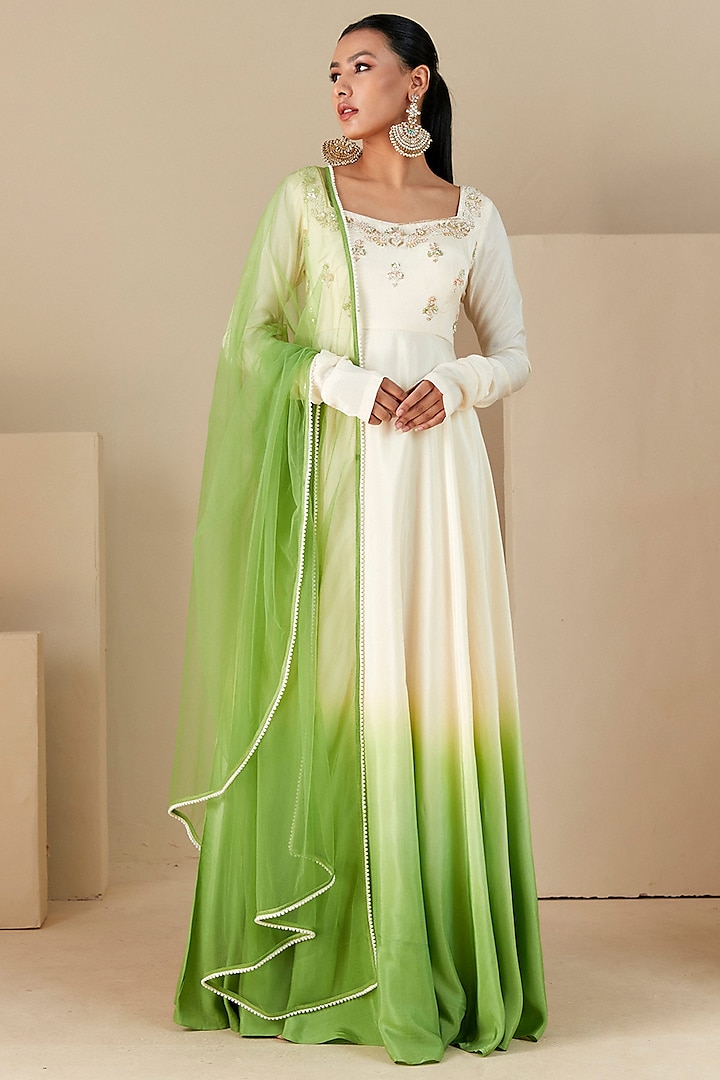 Off-White & Green Ombre Crepe Silk Hand Embroidered Anarkali Set by Suruchi Parakh at Pernia's Pop Up Shop