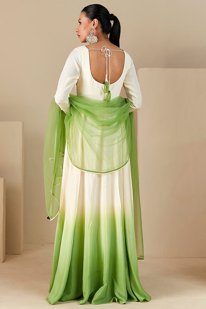 Off-White & Green Ombre Crepe Silk Hand Embroidered Wedding Anarkali Set by Suruchi Parakh at Pernia's Pop Up Shop