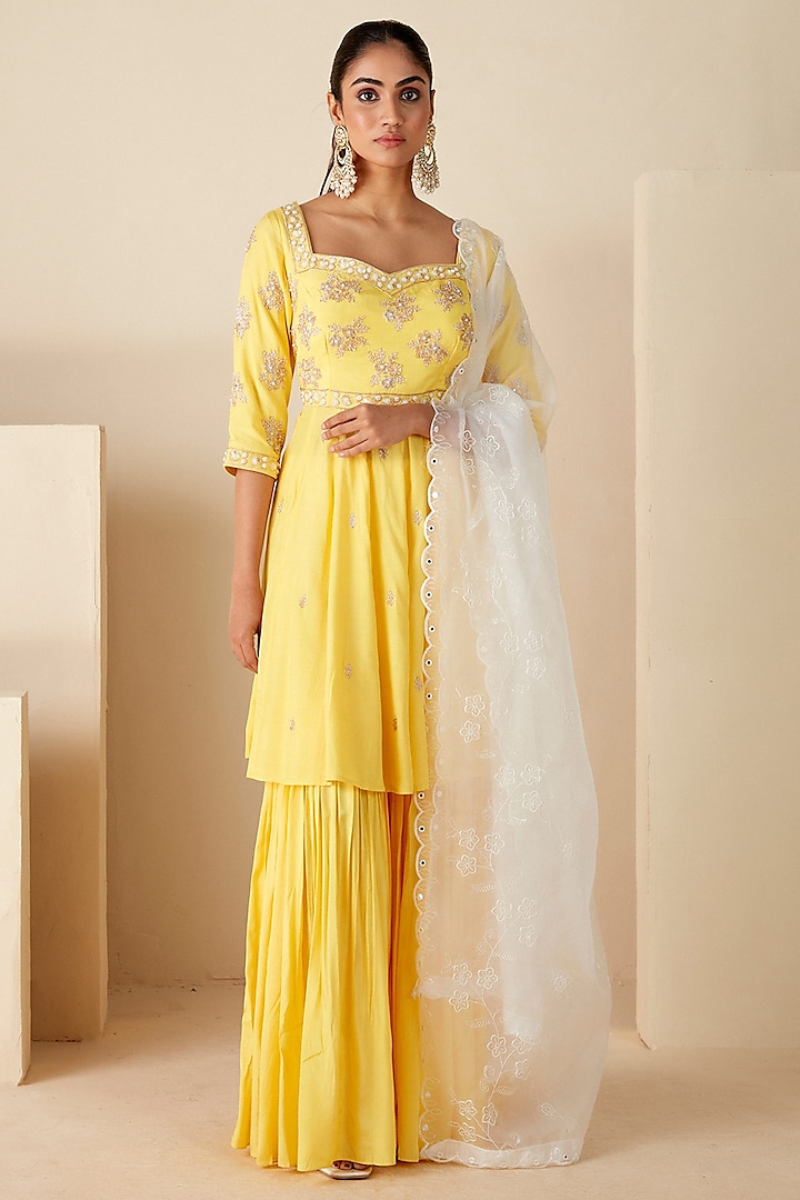 Yellow Crepe Silk Party Wear Sharara Set by Suruchi Parakh at Pernia's Pop Up Shop