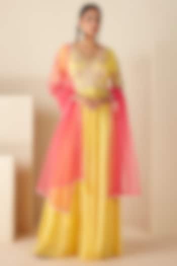 Yellow Georgette Crepe & Tussar Embroidered Wedding Anarkali Set by Suruchi Parakh at Pernia's Pop Up Shop