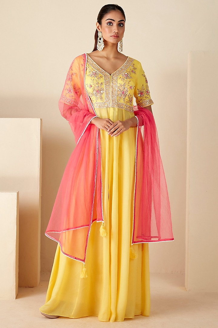 Yellow Georgette Crepe & Tussar Embroidered Wedding Anarkali Set by Suruchi Parakh at Pernia's Pop Up Shop