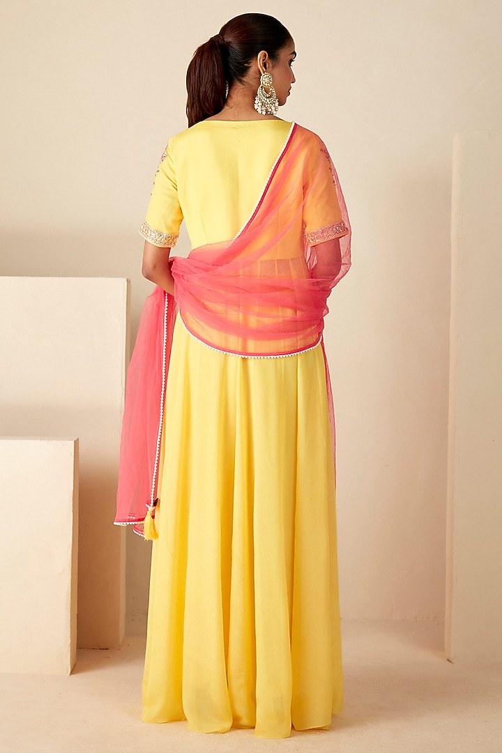Yellow Georgette Crepe & Tussar Embroidered Wedding Anarkali Set by Suruchi Parakh at Pernia's Pop Up Shop