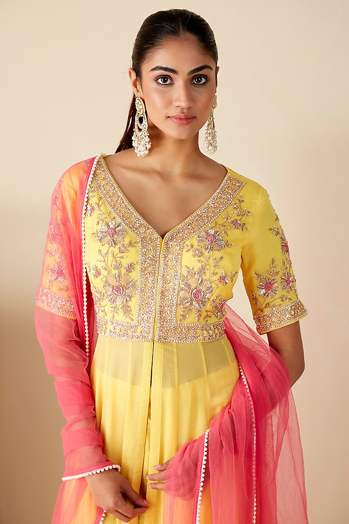Yellow Georgette Crepe & Tussar Embroidered Wedding Anarkali Set by Suruchi Parakh at Pernia's Pop Up Shop