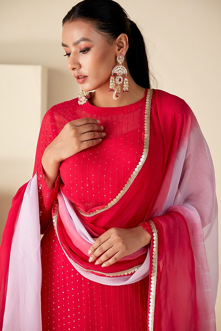 Red Georgette & Organza Sequins Embroidered Kurta Set by Suruchi Parakh at Pernia's Pop Up Shop