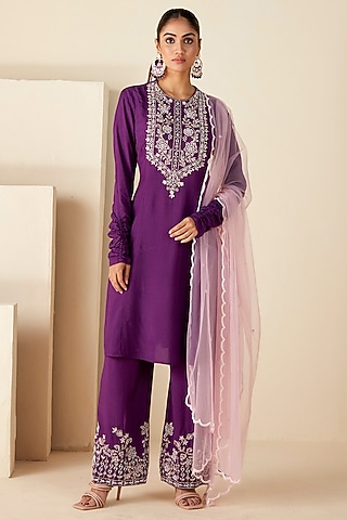 Purple Crepe Silk Handwork Kurta Set by Suruchi Parakh