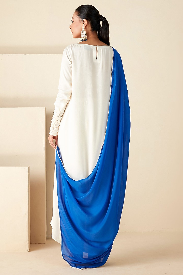 Off-White & Blue Crepe Silk Thread Work Kurta Set by Suruchi Parakh at Pernia's Pop Up Shop