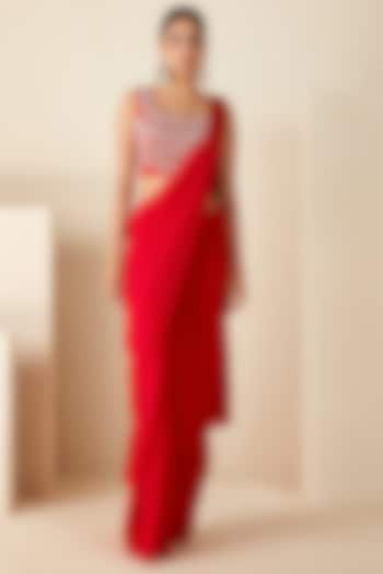 Red Georgette Crepe Pre-Draped Party Wear Saree Set by Suruchi Parakh at Pernia's Pop Up Shop