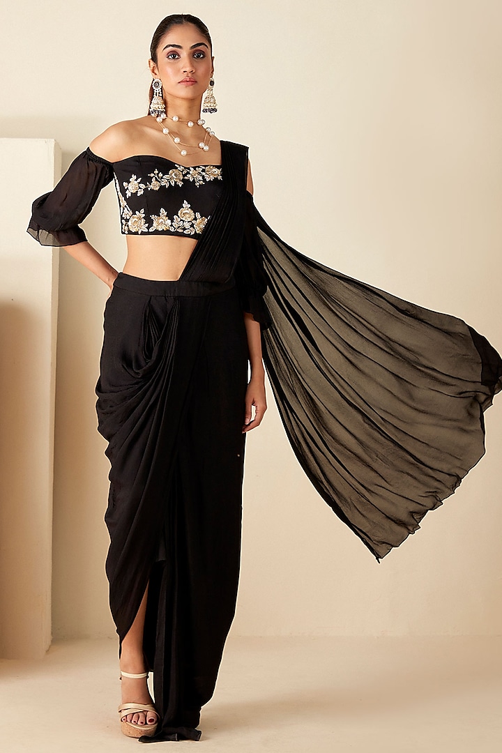 Black Georgette Crepe Pre-Draped Skirt Saree Set by Suruchi Parakh