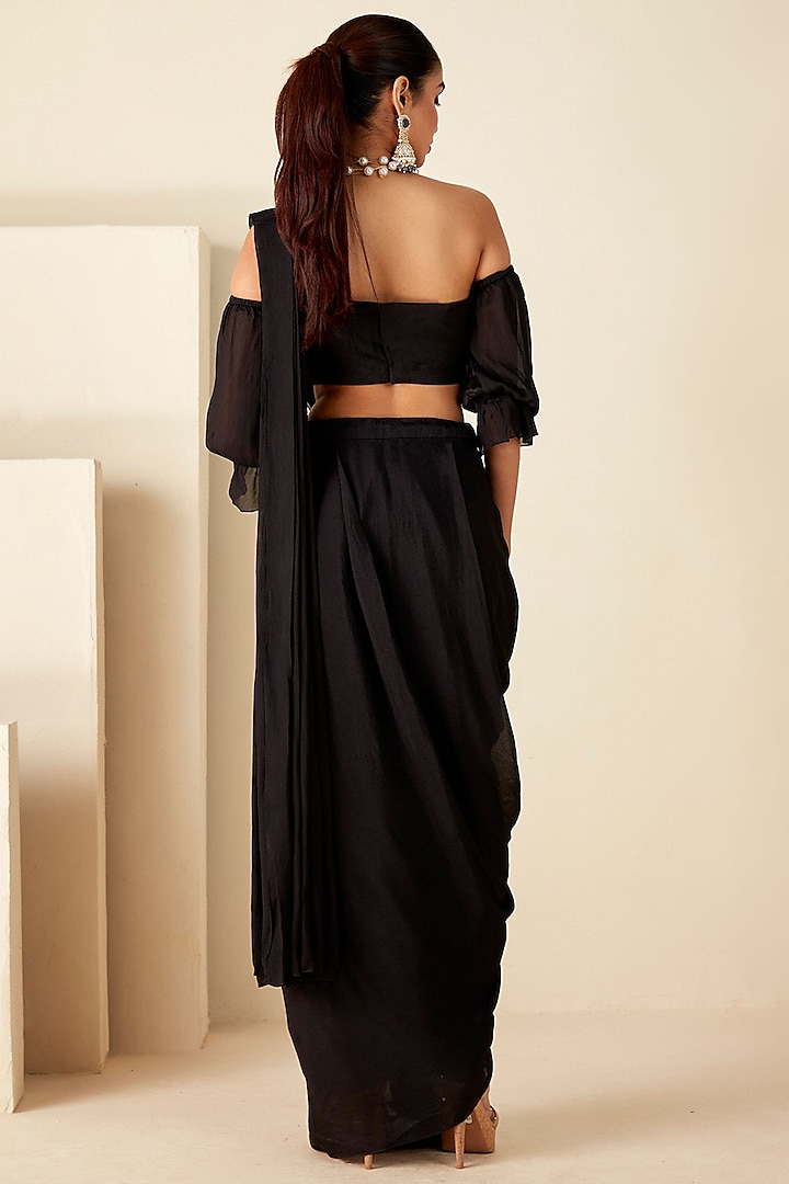 Black Georgette Crepe Pre-Draped Skirt Party Wear Saree Set by Suruchi Parakh at Pernia's Pop Up Shop
