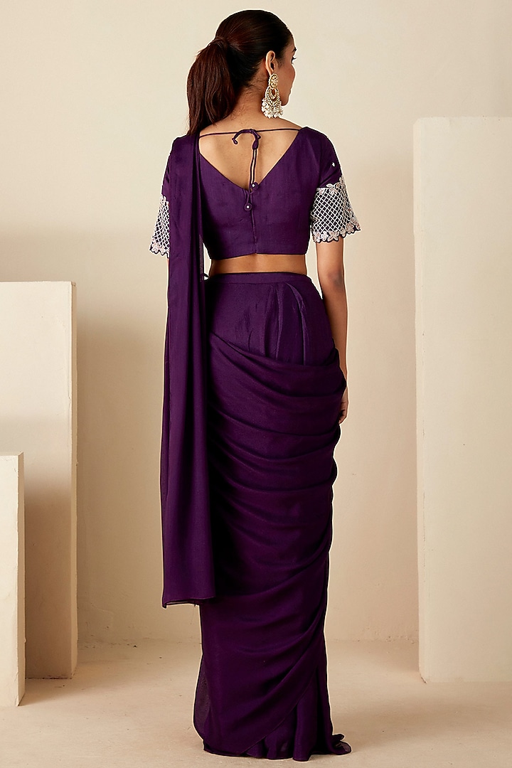 Purple Georgette Crepe Pre-Draped Party Wear Saree Set by Suruchi Parakh at Pernia's Pop Up Shop