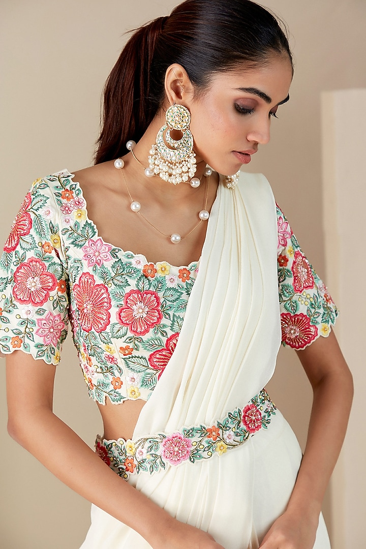 Off-White Georgette Crepe Pre-Draped Party Wear Saree Set by Suruchi Parakh at Pernia's Pop Up Shop