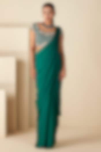 Green Georgette Crepe Pre-Draped Saree Set by Suruchi Parakh at Pernia's Pop Up Shop