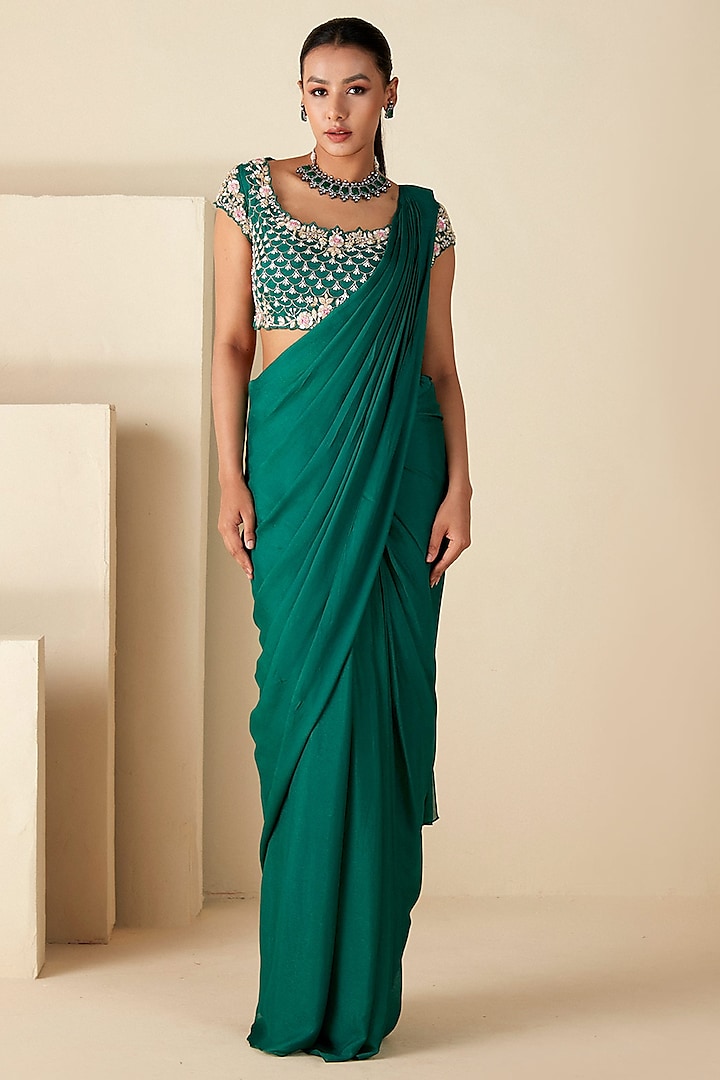 Green Georgette Crepe Pre-Draped Saree Set by Suruchi Parakh at Pernia's Pop Up Shop