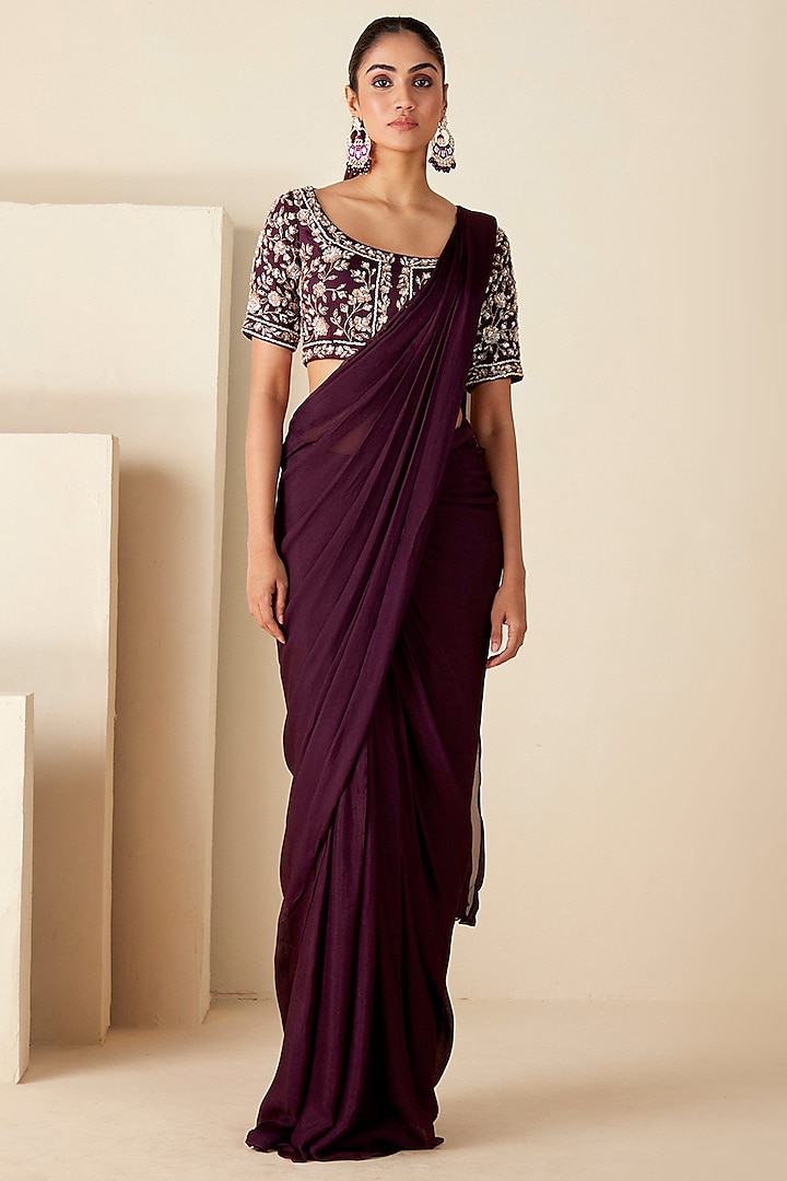 Wine Georgette Crepe Pre-Draped Saree Set by Suruchi Parakh at Pernia's Pop Up Shop