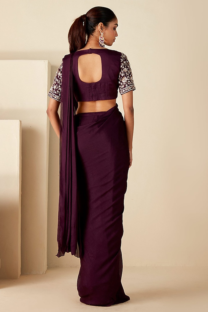 Wine Georgette Crepe Pre-Draped Wedding Saree Set by Suruchi Parakh at Pernia's Pop Up Shop