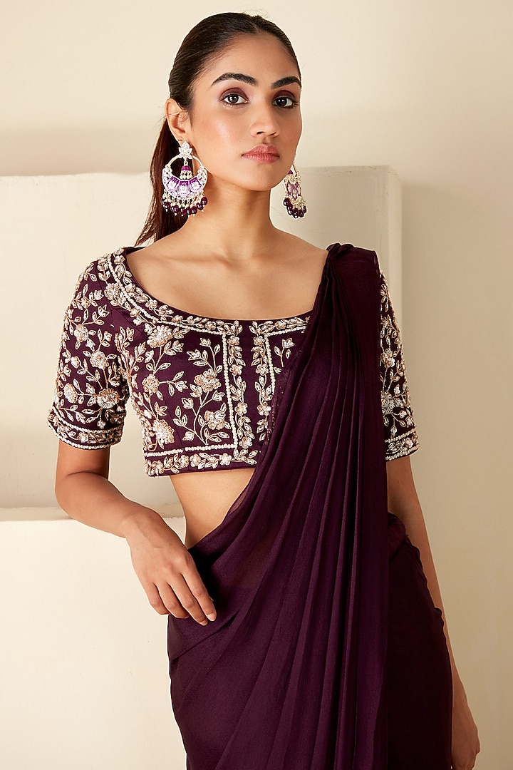 Wine Georgette Crepe Pre-Draped Wedding Saree Set by Suruchi Parakh at Pernia's Pop Up Shop