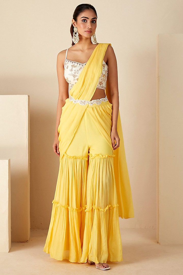 Yellow Georgette Crepe Pre-Draped Sharara Saree Set by Suruchi Parakh