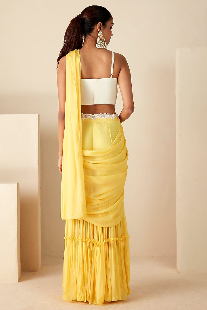 Yellow Georgette Crepe Pre-Draped Sharara Wedding Saree Set by Suruchi Parakh at Pernia's Pop Up Shop