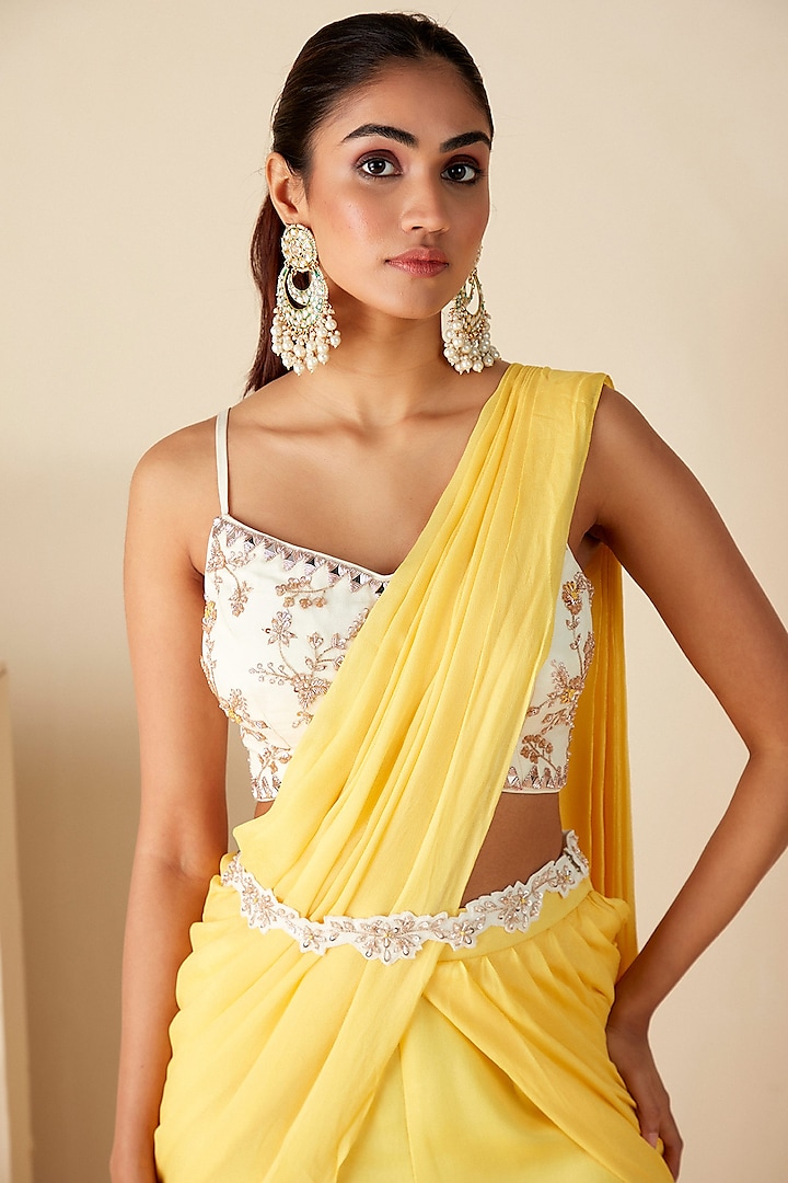 Yellow Georgette Crepe Pre-Draped Sharara Wedding Saree Set by Suruchi Parakh at Pernia's Pop Up Shop