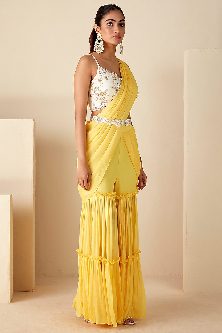 Yellow Georgette Crepe Pre-Draped Sharara Wedding Saree Set by Suruchi Parakh at Pernia's Pop Up Shop